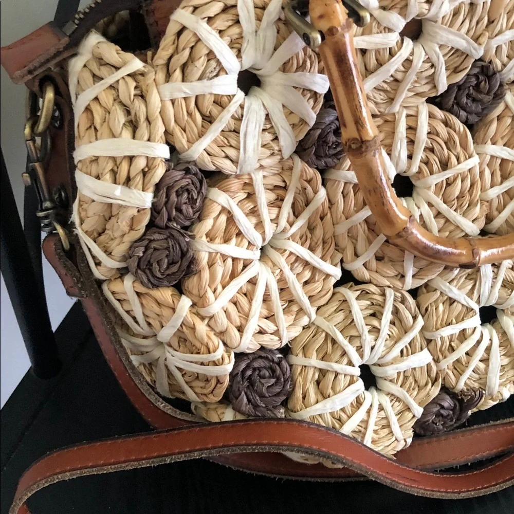 Patricia Nash rare Y2k palmarola satchel Woven Straw bamboo  - Cream & Brown